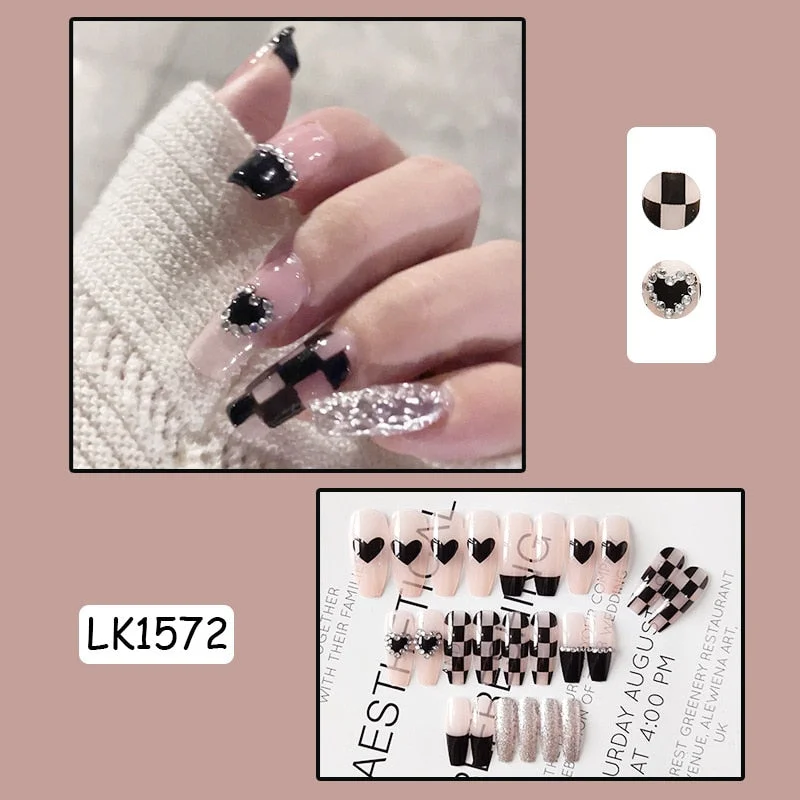 24PCS Glitter Nails Set Press On With Adhesive Strips Korean Cute Black Heart Design Fake Nails Full Coverage Nails for girls-Nail Inspo