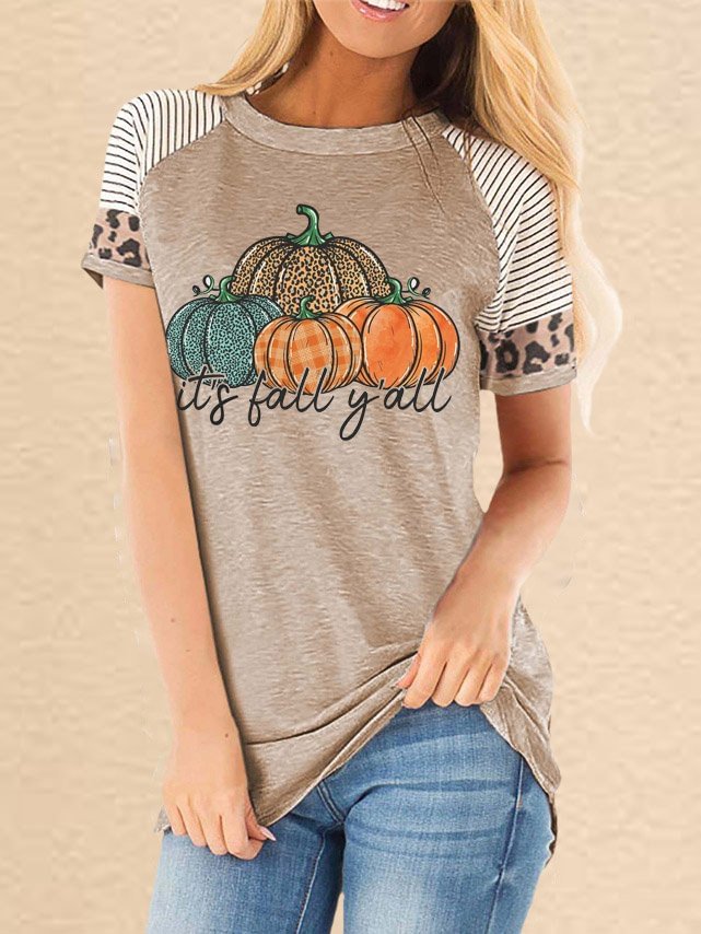 Women's Halloween Pumpkin It's Fall Yall Leopard Patchwork Print Casual Short Sleeve T-Shirt