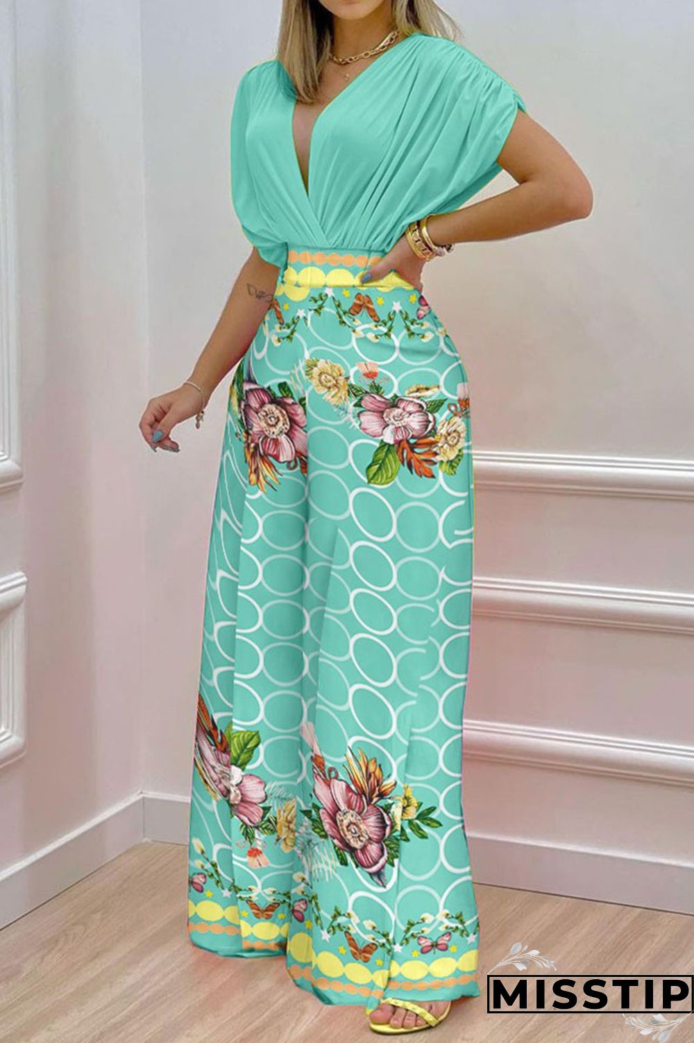 Green Casual Print Patchwork V Neck Short Sleeve Two Pieces