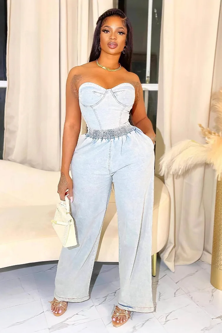 Denim Strapless Crop Top Elastic Waist Wide Leg Jeans 2pcs Set-Blue