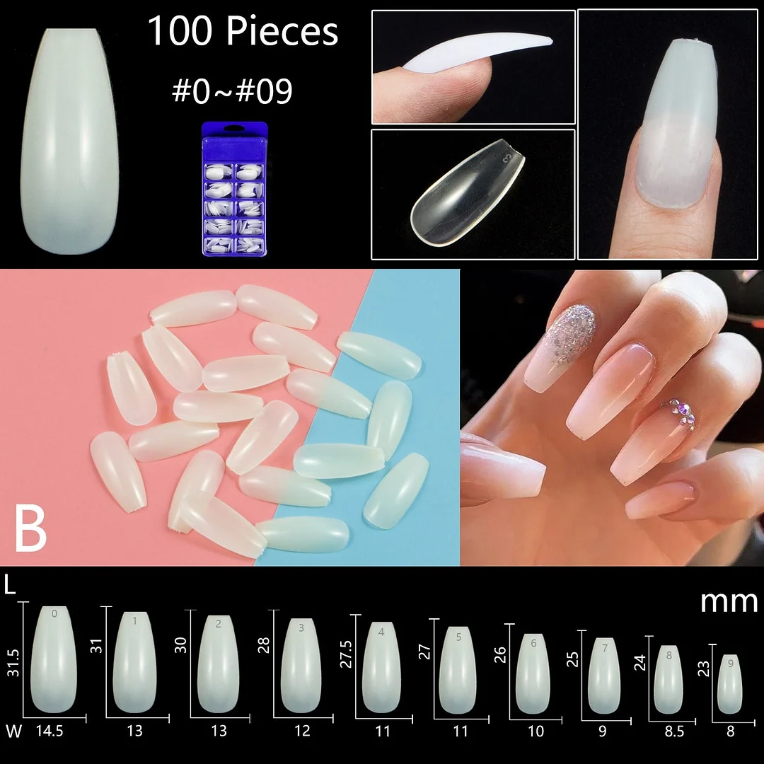 100pcs/set 10 Sizes Full Cover False Nail Tips Ballerina Coffin Fake Nails Square Stiletto French Acrylic Press On Nails-Nail Inspo
