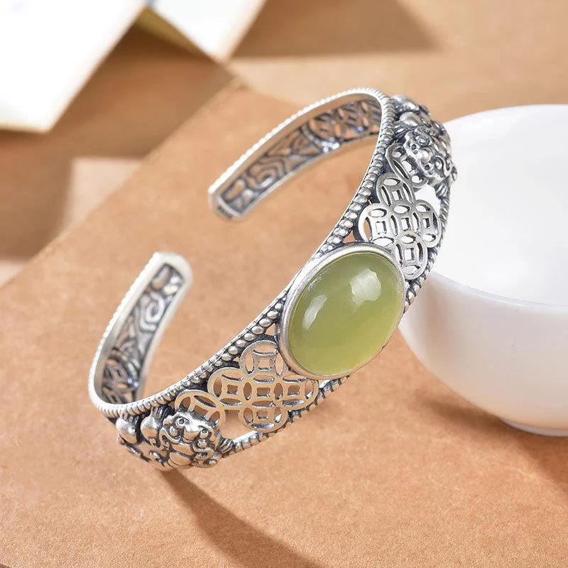 S925 sterling silver inlaid hetian jade hollow out classic antique painting money leather lady beginning bracelet