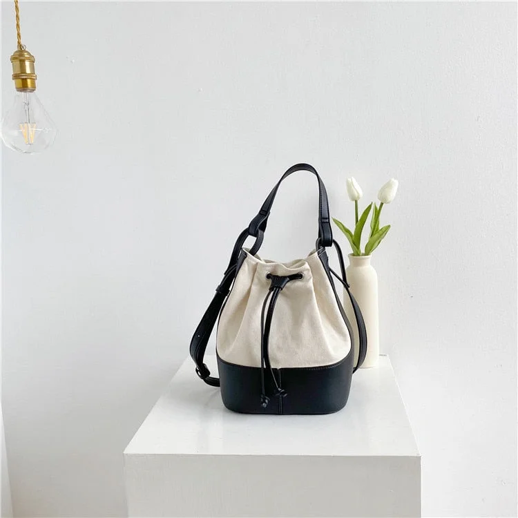 Korean style Stitching canvas Small Bucket Bags for Women 2022 new Brand Shoulder bag Handbags Casual Tassel Crossbody Bag