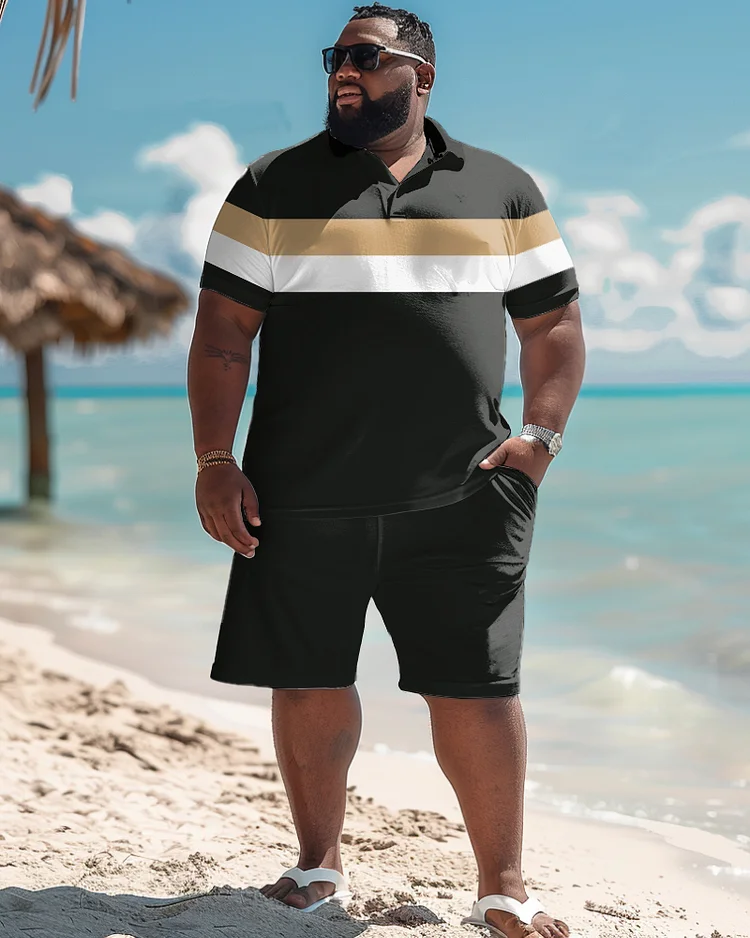 Men's Plus Size Simple Contrast Color Khaki Stripe Print Polo Shorts Suit