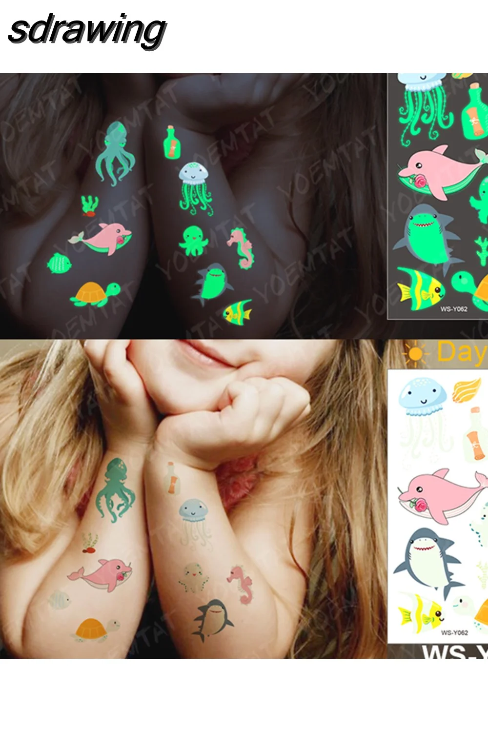 sdrawing Waterproof Temporary Tattoo Woman Sticker Panda Tiger Cute Animal Glowing Tatto Boy Girl Baby Child Kid Flash Fake Tato