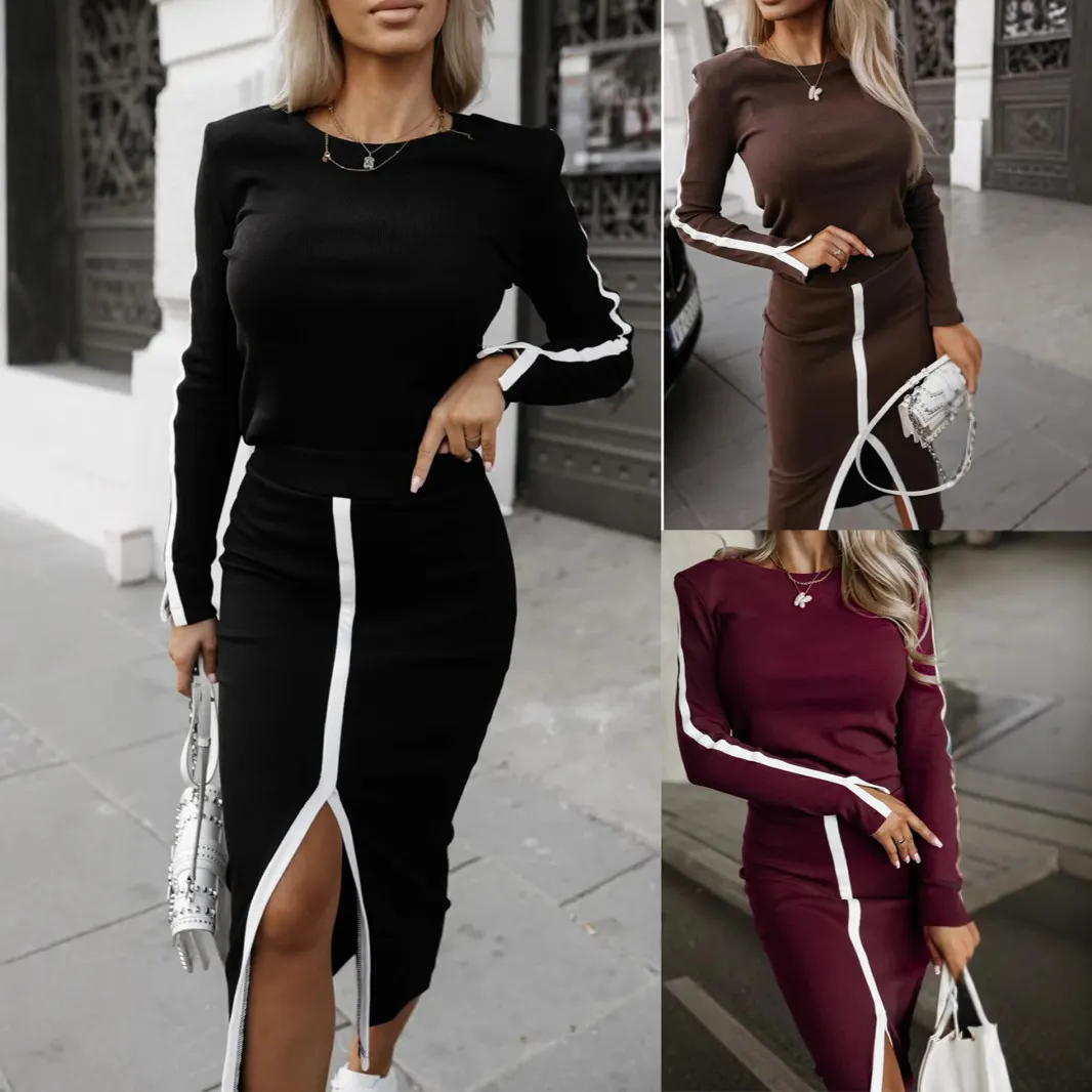 Women Striped Long Sleeve Knit Top & Front Slit Midi Skirt 2 Piece Set