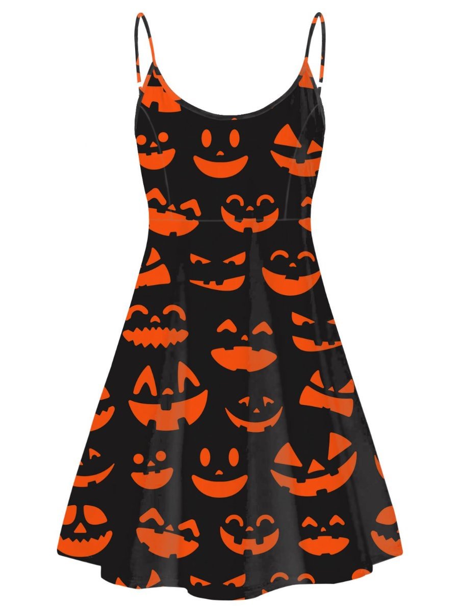 Halloween Dress Pumpkin Skull Print Spaghetti Strap Mini Casual Dress