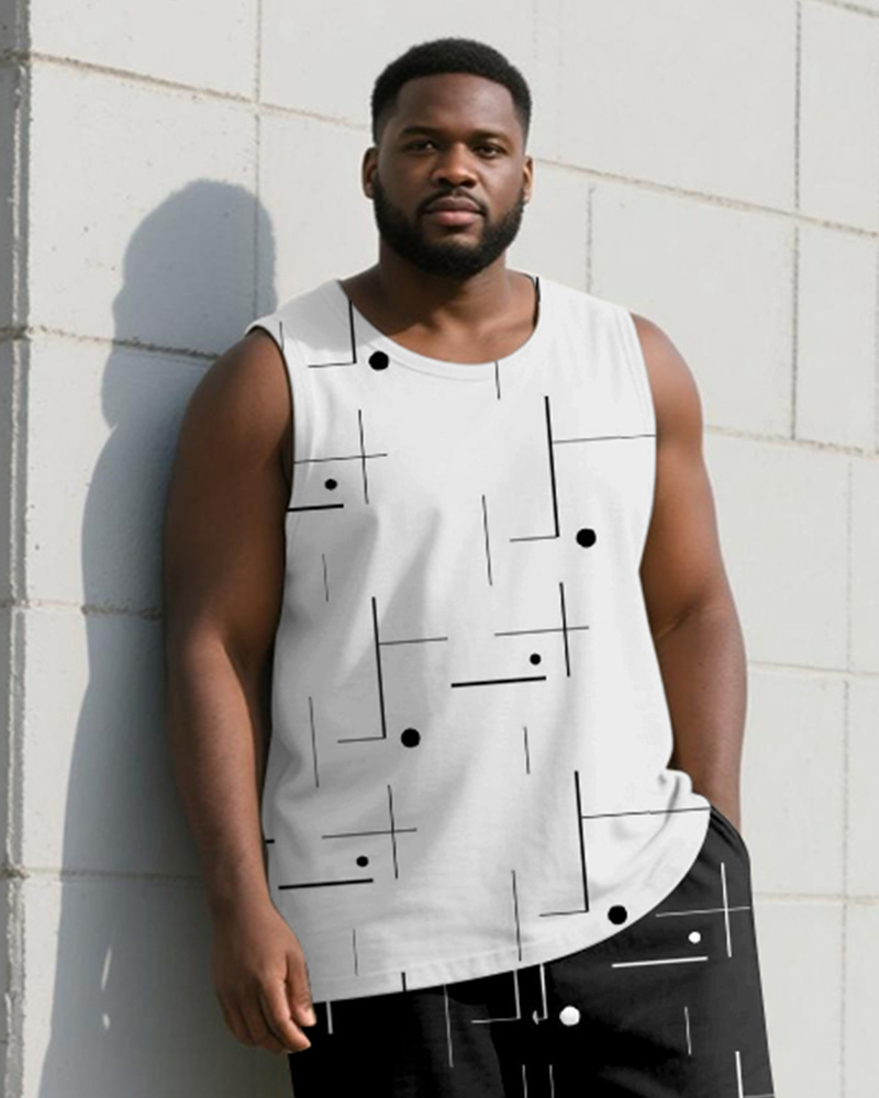 Big & Tall Men's Black And White Geometric Line Print Vest Trousers Suit