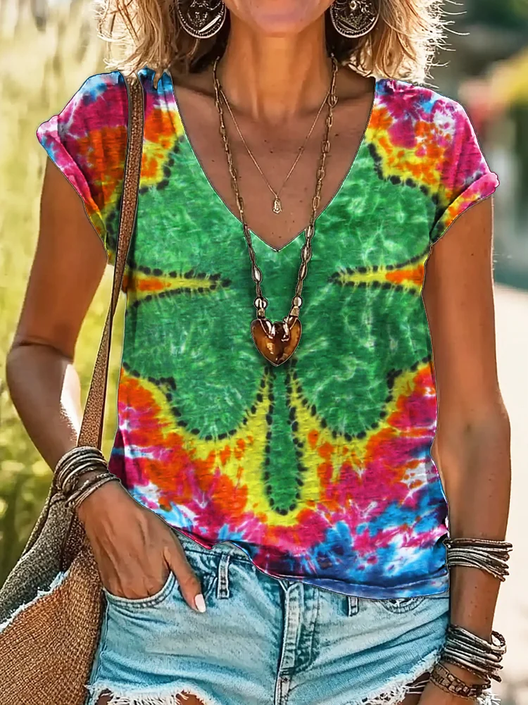 St. Patrick's Day Shamrock Tie-Dye Print 100%Cotton V-neck T-Shirt