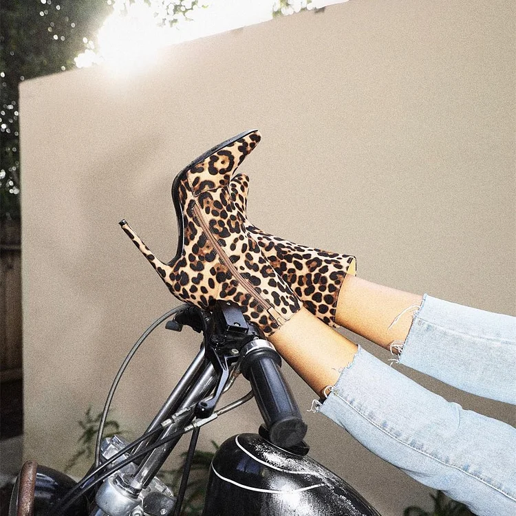 Khaki Leopard Print Booties Pointy Toe Stiletto Heel Ankle Boots |FSJ Shoes