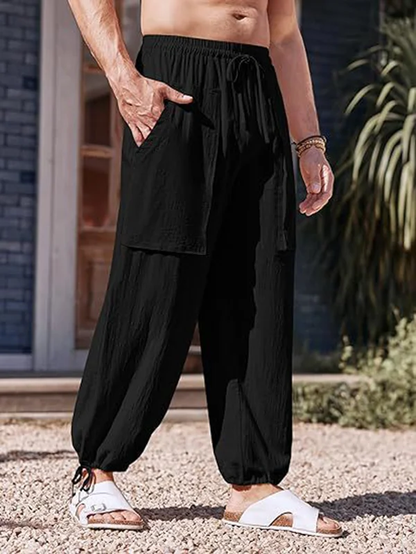 Men's Casual Slant Pocket Elastic Waist Drawstring Cotton Linen Loose Pants