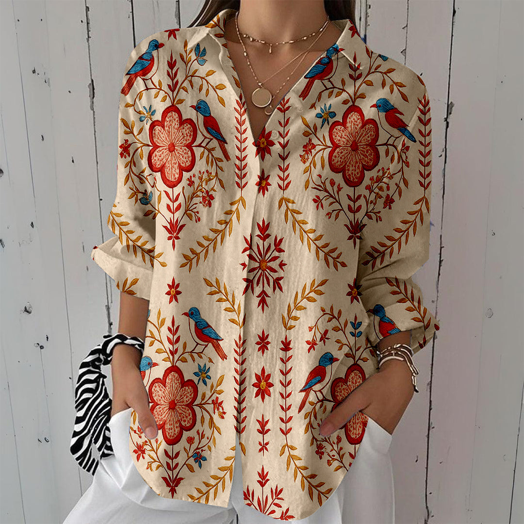 Women Long Sleeve V-neck Graphic Floral Printed Top