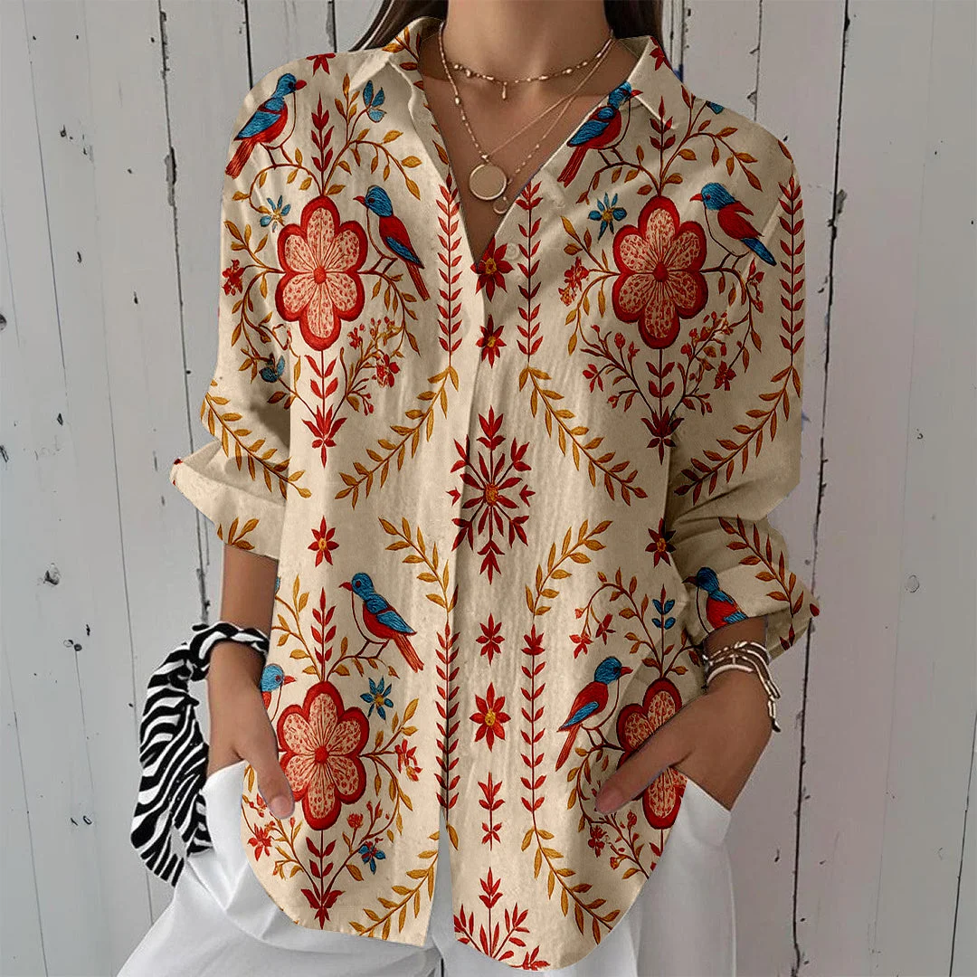 Style & Comfort for Mature Women Women Bohemian, Red DZCL0099 3/4 Sleeve Shirt Collar Printed Button Tops