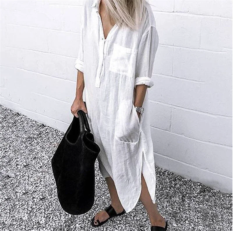 Uveng Solid Color Cotton Blend Simple Long Shirt Women's Dress