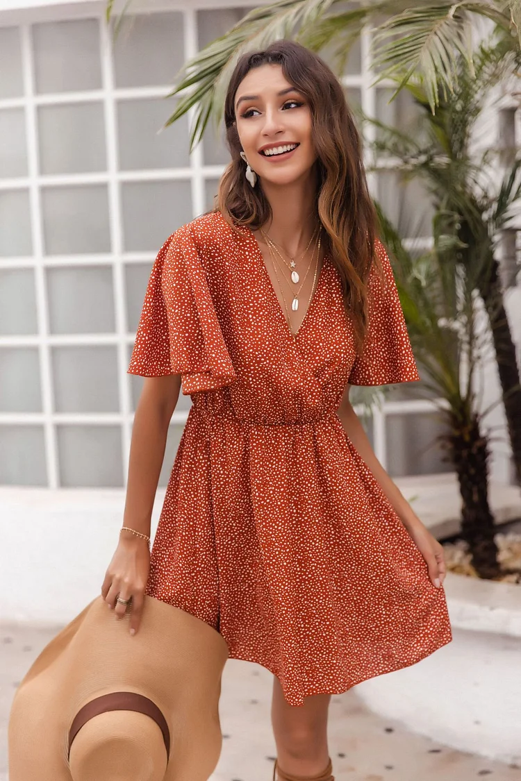 Elegant Floral Print V Neck Short Sleeve High Waist Mini Dress