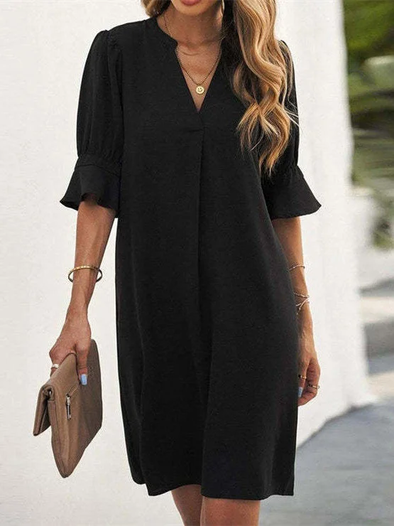 Women's Summer Short Sleeve V-neck Solid Color Loose Fashion Dress