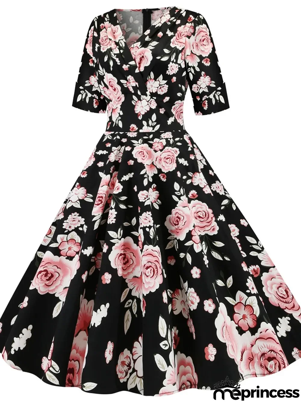 New Hepburn Vintage Cotton Floral Print Flower Dress Casual Short Sleeve Retro 50s 60s Swing Women Summer Swing Dresses
