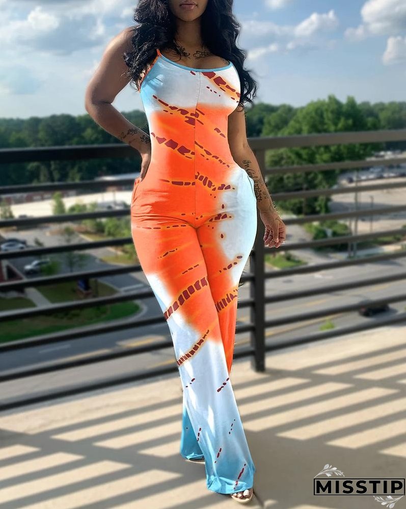 Printed Solid Color Straps Jumpsuit