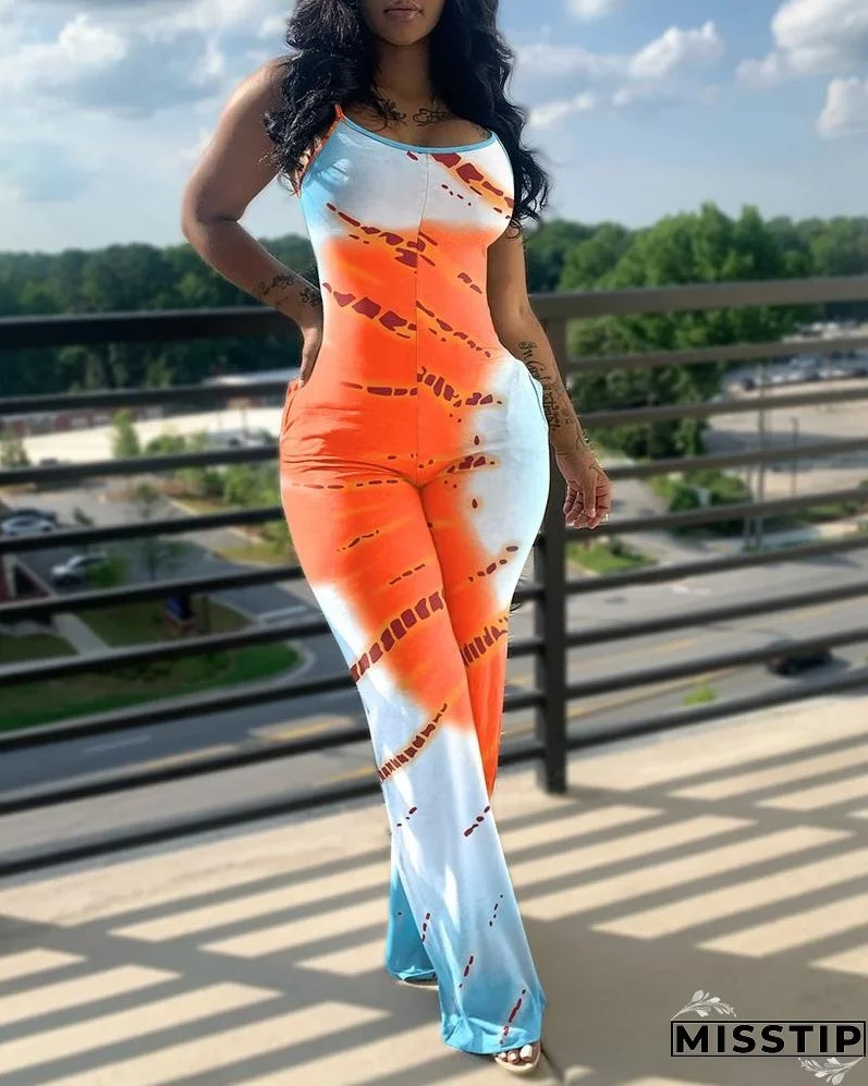 Printed Solid Color Straps Jumpsuit