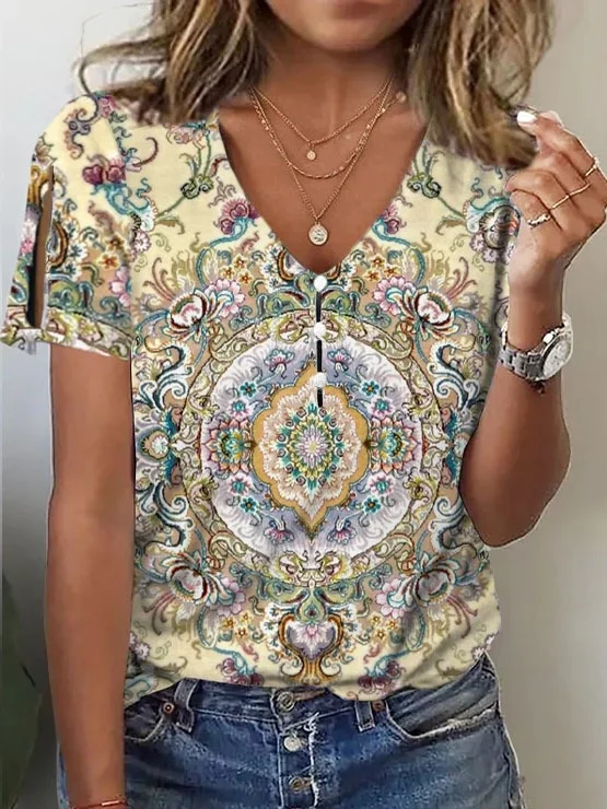 Women Bohemian Patchwork Print Split Sleeve Top