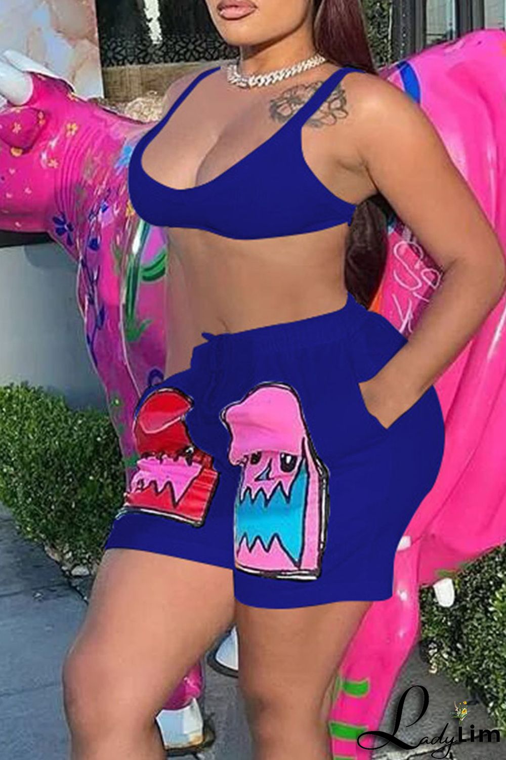 Pink Casual Print Patchwork Spaghetti Strap Sleeveless Two Pieces