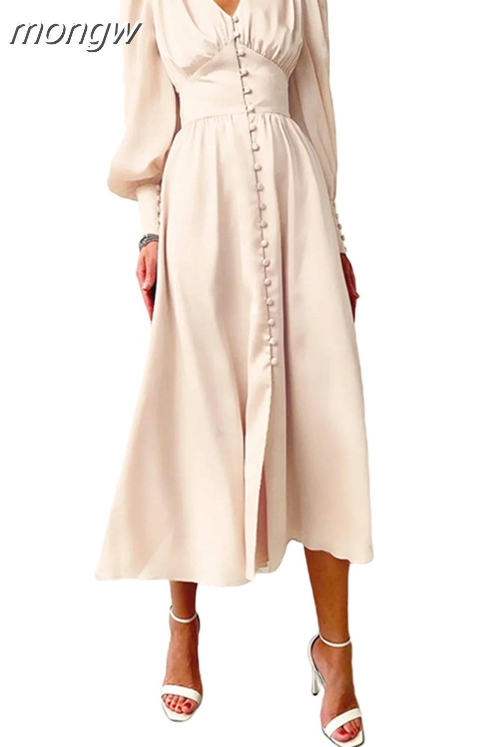 mongw Elegant Satin A-Line Party Midi Dress Women Lantern Long Sleeve V-Neck Buttons Flared Dresses Fall Spring New Vestidos