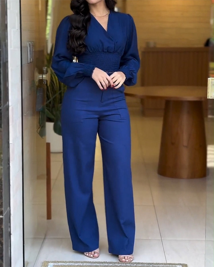 Long-sleeved V-neck Top and Pants Two-piece Suit