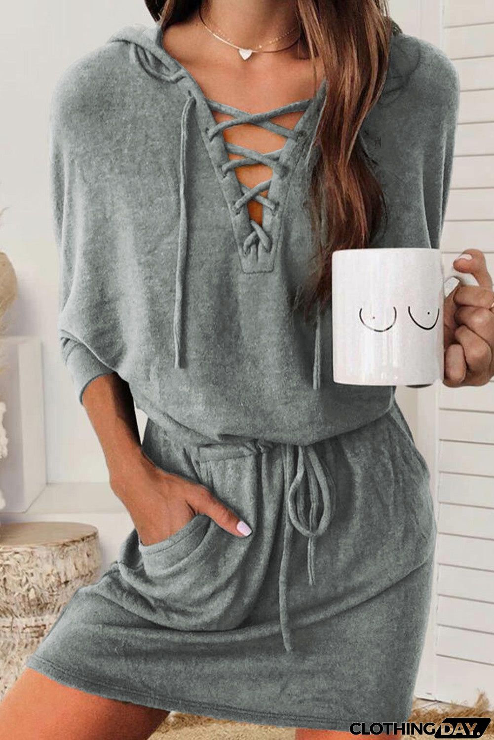 Pocket Lace Up Drawstring Hooded Mini Dress