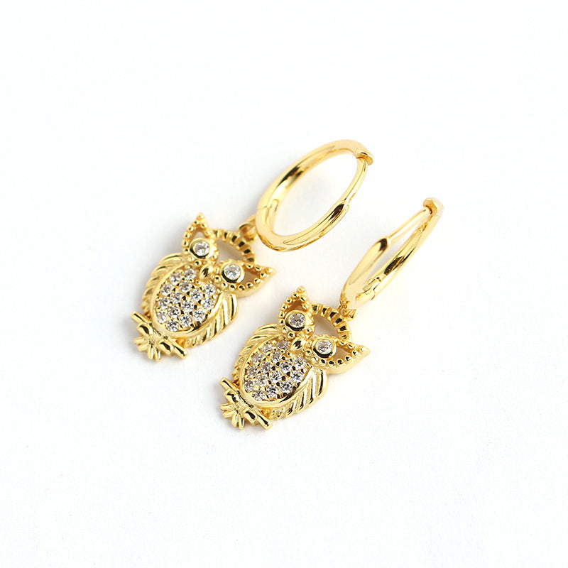 925 Sterling Silver Niche Owl Chinese Zodiac Animal Silver Diamond Inlay Stud Earrings