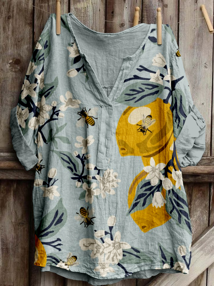 Comstylish Bees & Lemons Pattern Linen Blend Cozy Tunic