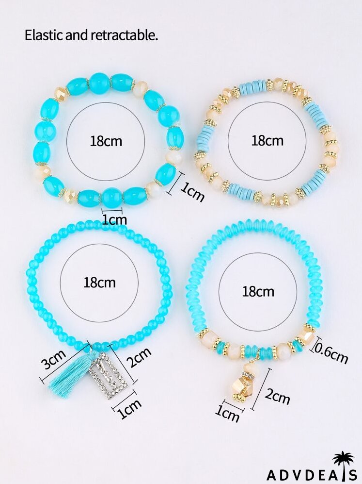 4pcs Tassel & Rectangle Charm Beaded Bracelet