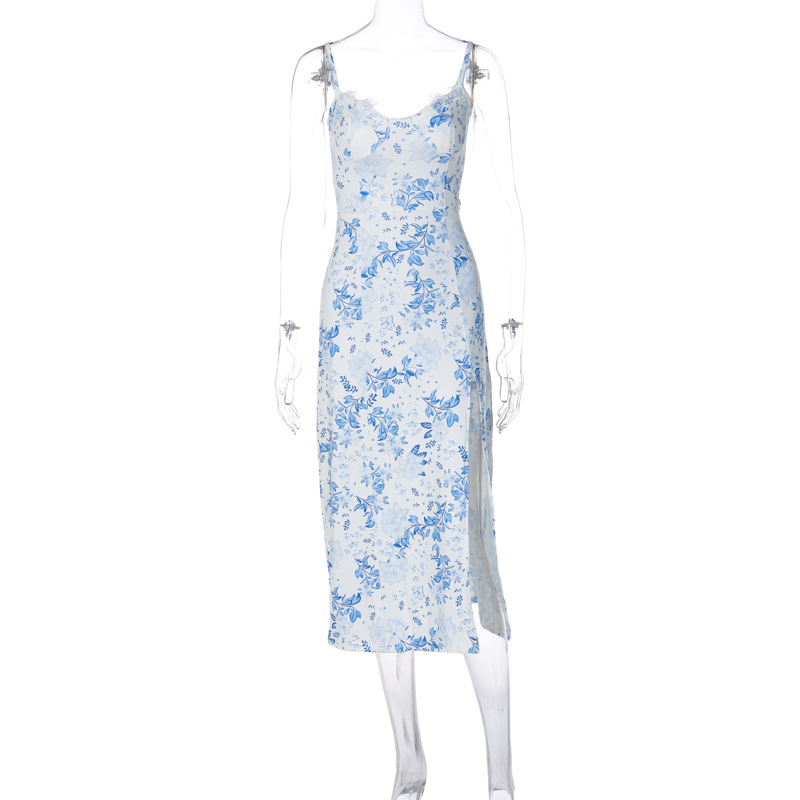 Mature Women Summer Lace Flowers Print Sexy Fashion Slit Suspender Dress