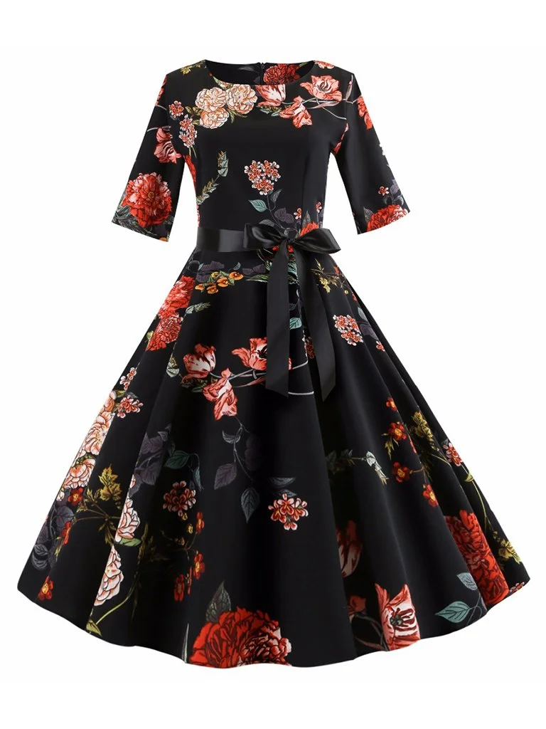 Women Vintage Pinup Dress Floral Printed Half Sleeve Big Swing Dress