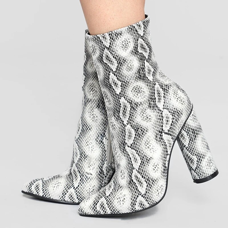 TAAFO Pointed Toe Snake Floral Ankle Boots Round Heel Thick Heel Zipper Booties Women'S