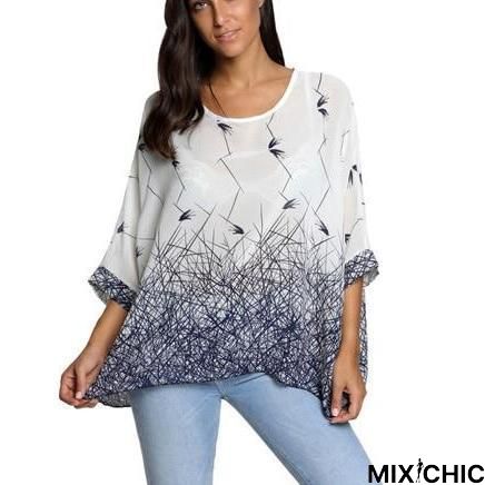 Plus Size Women Chiffon Blouse Shirt Batwing Sleeve Tops Blouses