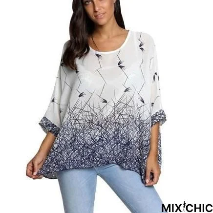 Plus Size Women Chiffon Blouse Shirt Batwing Sleeve Tops Blouses