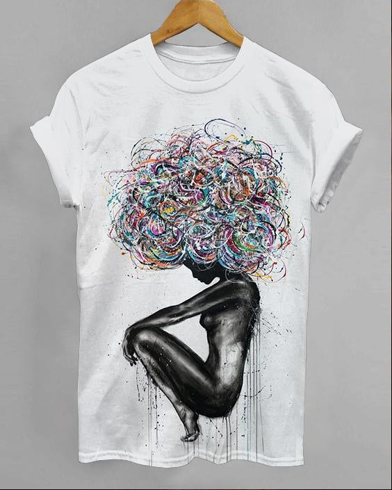 Crayon Color Afro Girl Round Neck Short Sleeve Shirt