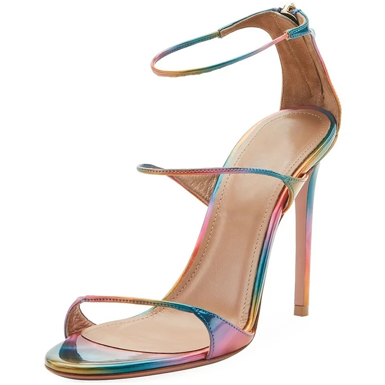 Multicolor Holographic Triple Strap Stiletto Heeled Sandals |FSJ Shoes