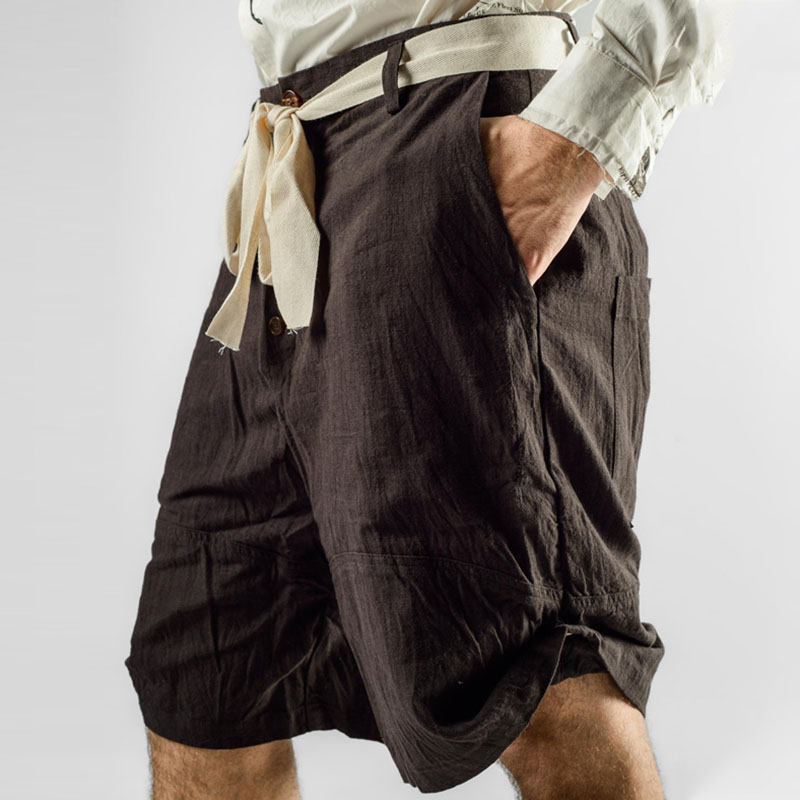 Men's Vintage Cotton and Linen Adjustable Waistband Short Pants