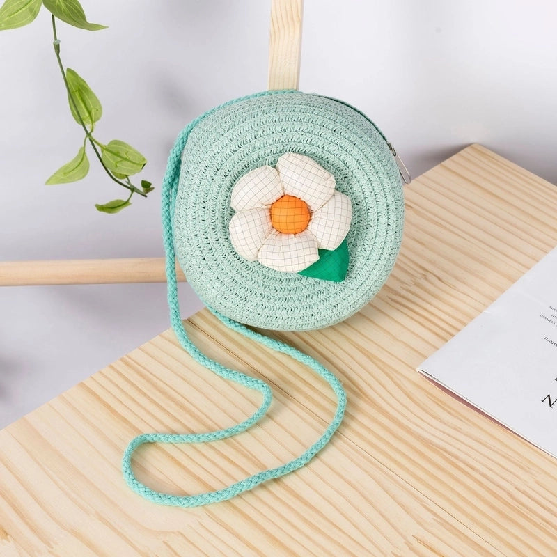 Girl’s Small Straw Flower Bow Knot Cute Round Zipper Crossbody Bag