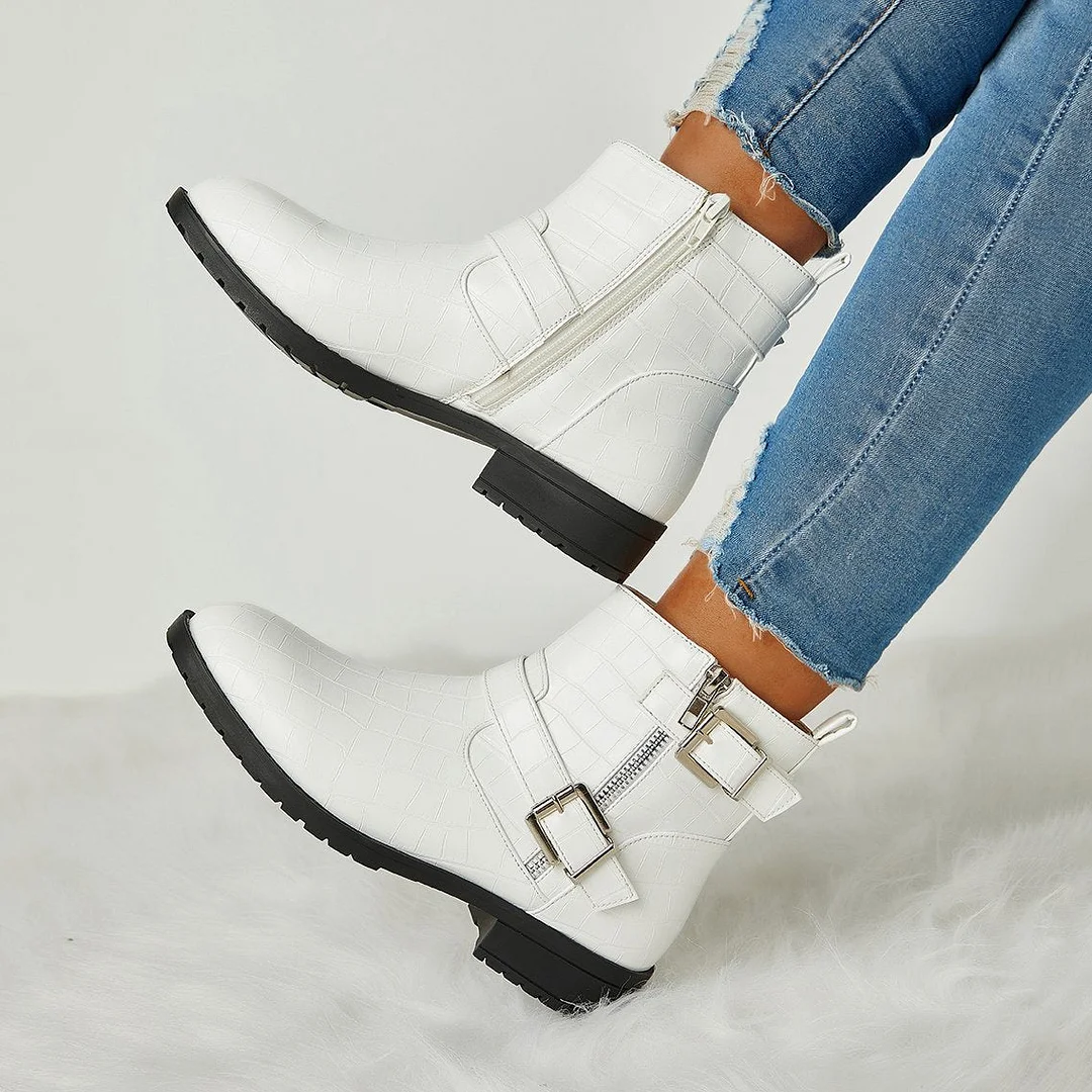 Women Trendy Bright Leather Zipper Buckle Ankle Boots