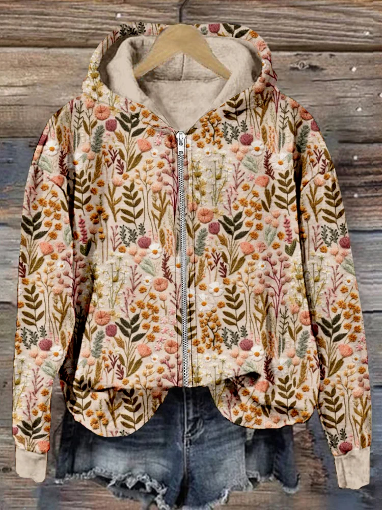 Wildflower Meadow Floral Embroidery Art Comfy Zip Up Hoodie