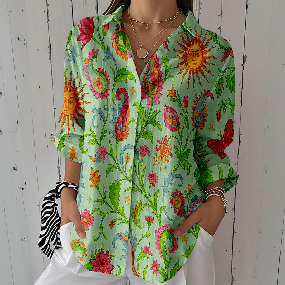 Women Long Sleeve V-neck Graphic Floral Printed Top