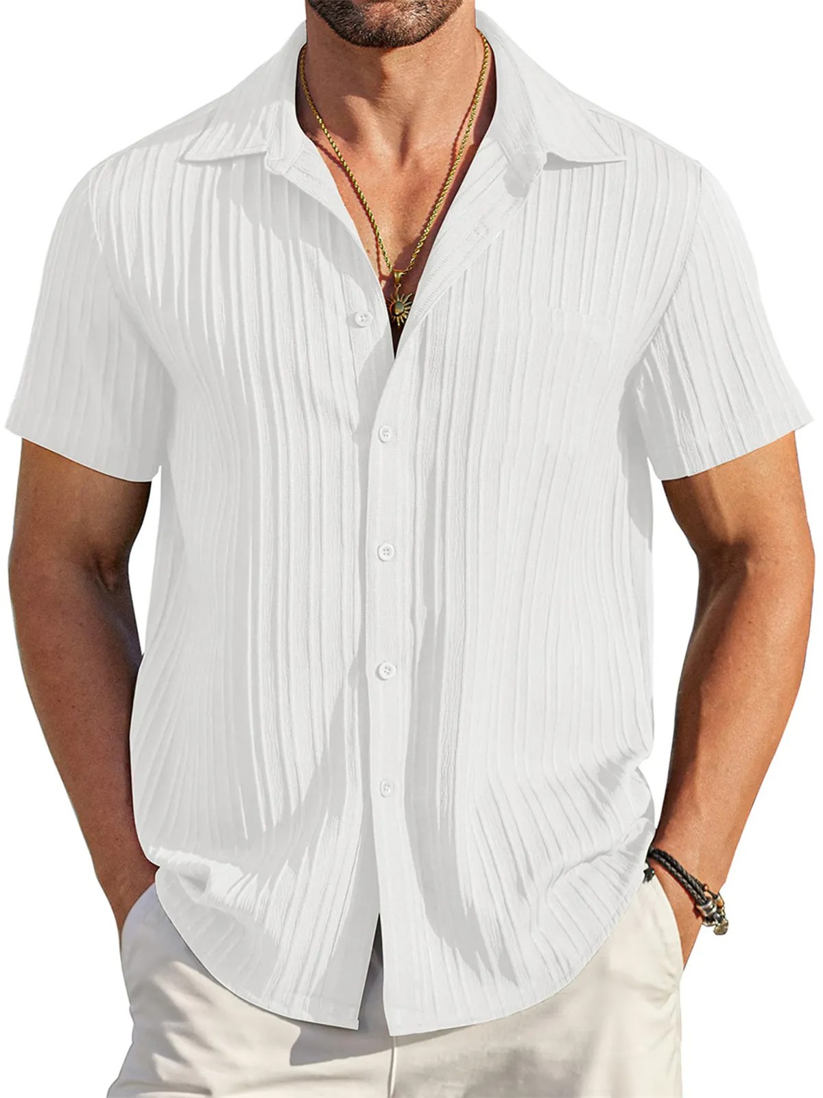 Men's Casual Comfortable Loose Textured Short Sleeve Shirt PLUSCLOTHESMAN