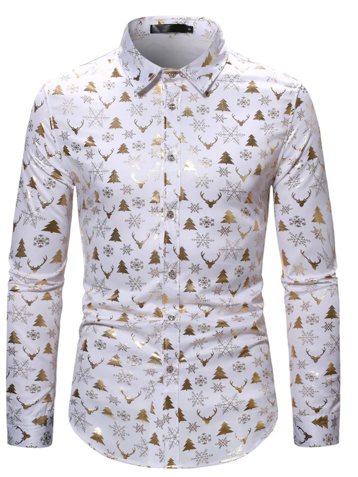 New Casual Solid Color Color Blocking British Christmas Shirt Men's Hot Gold Long-sleeved Seasonal Single-breasted Shirt Cardigan