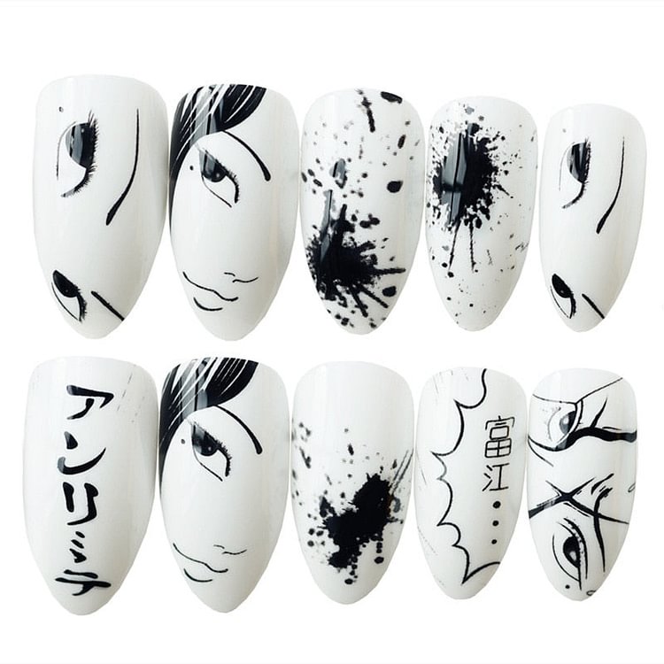 24Pcs Anime Short Stiletto Fake Nails Glossy Black White Artificial False Nails DIY Press On Finger Tips Manicure Tool