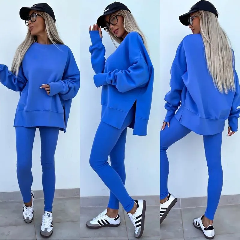 Oversize Two-Piece Set Women's Split Hem Sweatshirt & Skinny Pants, Casual Fashion Cozy Round Neck Long Sleeve Pullover Women's Clothing for Fall & Basic Winter Suits Womenswear Gamis