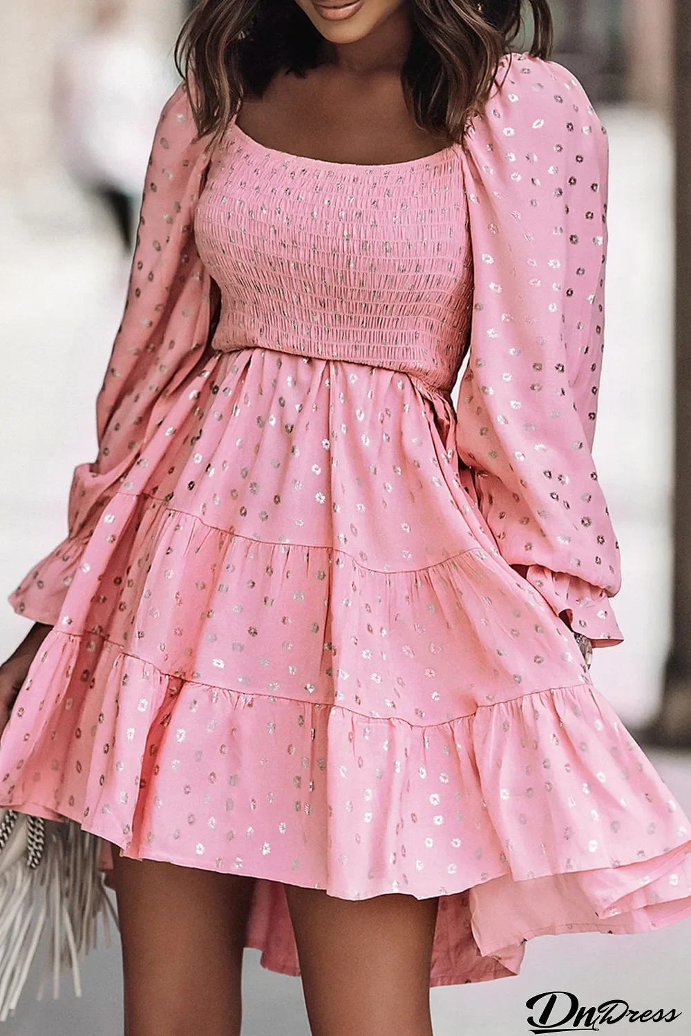 Pink Foil Print Smocked Bodice Layered Mini Dress