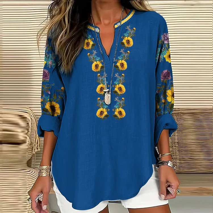 VChics Women's Ukraine Sunflower Art V-neck Casual Linen Blend Blouse
