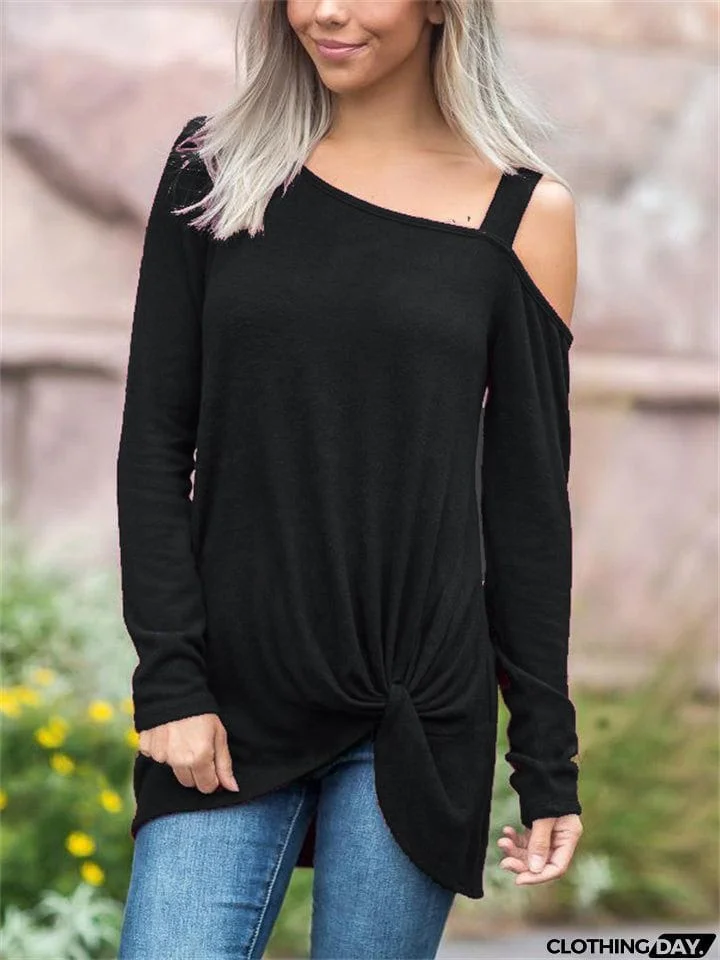 Sweet Off Shoulder Long Sleeve Hem Knotted Tops for Women